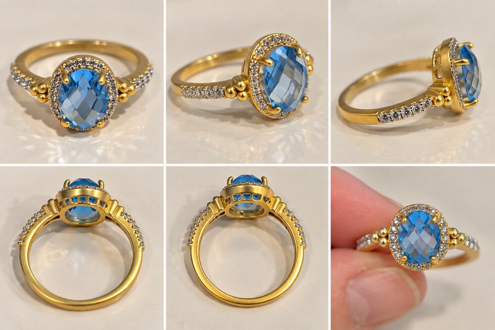 NEW Freida Rothman Matte Gold Blue Stone Pavé Halo Ring Size 6